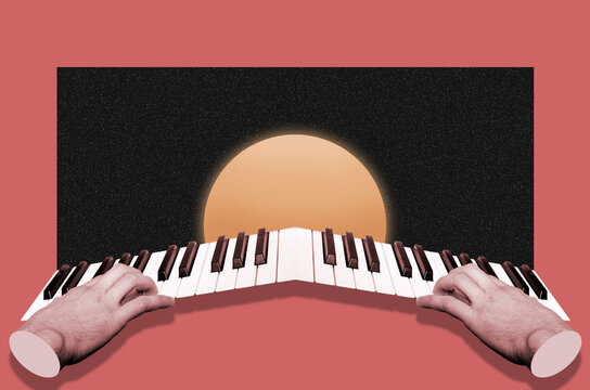 Collage with Hands Playing Synthesizer
