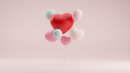 Heart shaped balloons. Cute balloons. 3D illustration.