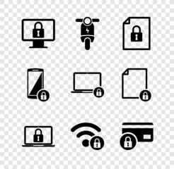 Set Lock on monitor, Electric scooter, Document and lock, Laptop, Wifi locked and Credit card with icon. Vector