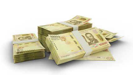 3D Stack of 10000 Burundian franc notes isolated on white background