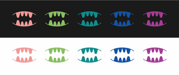 Set Vampire teeth icon isolated on black and white background. Happy Halloween party. Vector