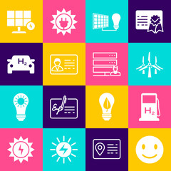 Set Smile face, Hydrogen filling station, Wind turbines, Solar energy panel and light bulb, Identification badge, car, and Customer care server icon. Vector