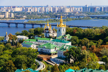View of Kiev Pechersk Lavra (Kiev Monastery of the Caves) and the Dnieper river in Ukraine. View from Great Lavra Bell Tower
