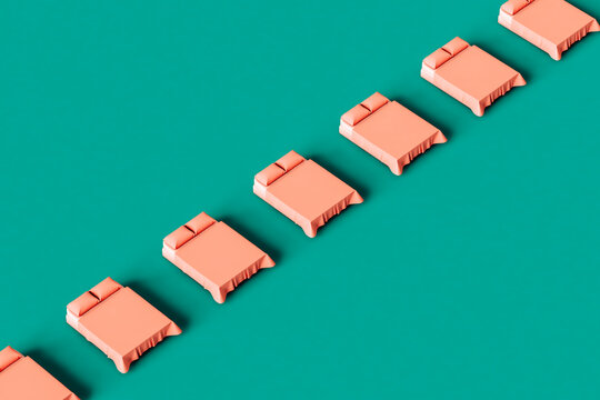 a row of Pink beds crossing the frame
