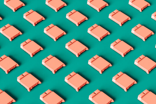 pattern of Pink beds on a green background