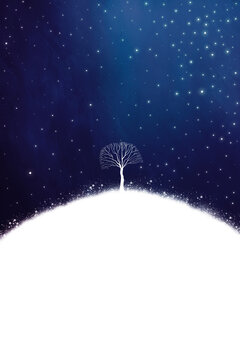 A single tree sits on a snowy hill under a starry sky