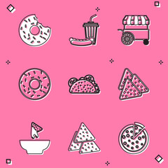 Set Donut, Soda and hotdog, Fast street food cart, Taco with tortilla, Nachos, in plate and icon. Vector