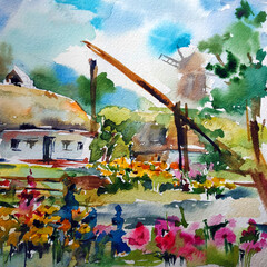 Watercolor colorful bright textured abstract background handmade . Mediterranean landscape . Painting of architecture and vegetation of the village , made in the technique of watercolors from nature