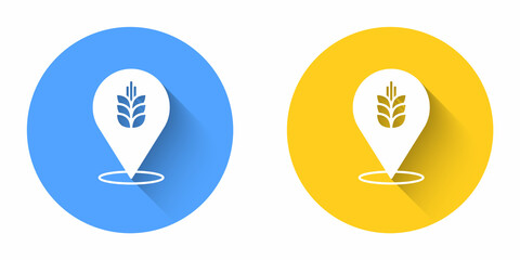 White Cereals set with rice, wheat, corn, oats, rye, barley icon isolated with long shadow background. Ears of wheat bread symbols. Circle button. Vector