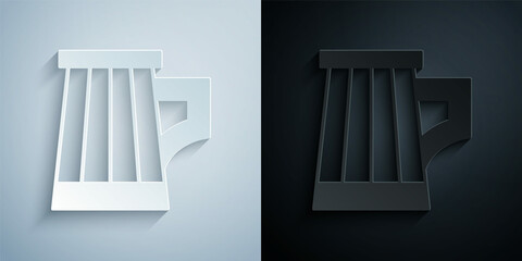 Paper cut Wooden beer mug icon isolated on grey and black background. Paper art style. Vector