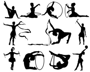 Rhythmic gymnastics. Girl with maces, ball, ribbon, hoop, set of vector silhouettes. 