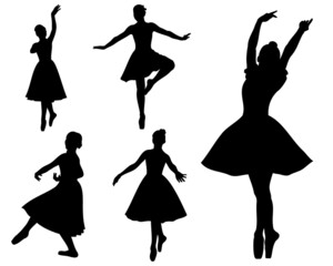 Ballet dancer in different poses and positions, set of vector silhouettes.  