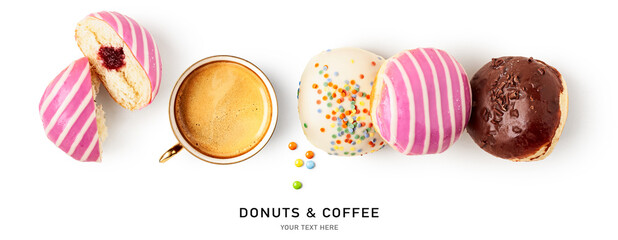 Donuts and cup of coffee creative layout.