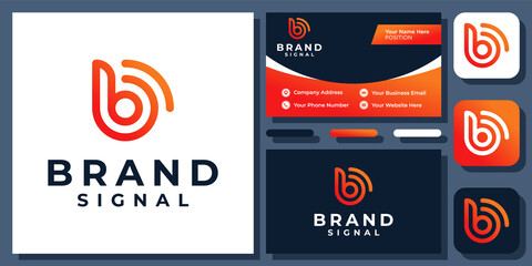 Initial Letter B Signal Wave Pulse Connection Sound Audio Logo Design with Business Card Template