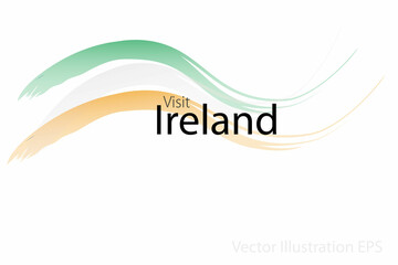 the slogan visit Ireland with curved waves in watercolor style which are in the colors of the national flag. Vector Illustration