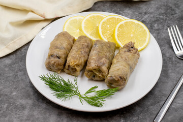 Stuffed cabbage leaves, in a ceramic plate. Vegan cabbage rolls, cooked cabbage leaves, wrapped around a filling of rice, onions and spices. (Lahana sarması) Horizontal view. Close up