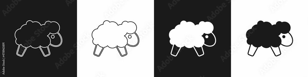 Poster set sheep icon isolated on black and white background. counting sheep to fall asleep. vector