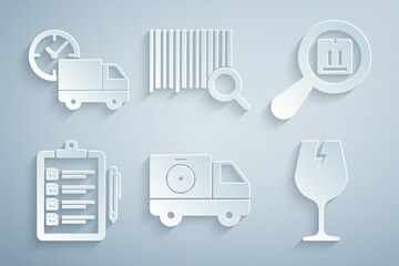 Set Delivery truck and stopwatch, Search package, Verification of delivery list, Fragile broken glass, barcode and clock icon. Vector