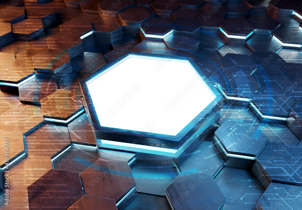 Poster glowing orange and blue hexagons podium background pattern. hexagonal metal mockup with lights and r