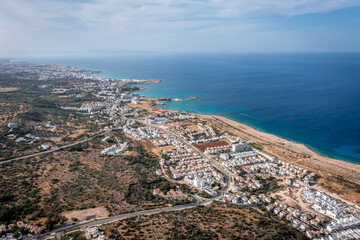 Fototapeta na wymiar Summer aerial landscape of Bay and Coast at Cape Greco National Park near Ayia Napa, Cyprus. Aerial landscape