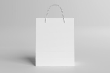 Shopping bag mockup on white. Template of a blank paper shop sack on empty texture. 3D rendering