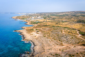 Summer aerial landscape of Bay and Coast at Cape Greco National Park near Ayia Napa, Cyprus. Aerial landscape