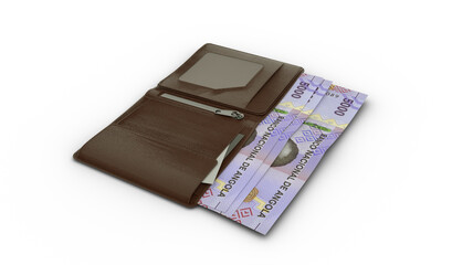 3D rendering of 5000 Angolan kwanza notes in wallet