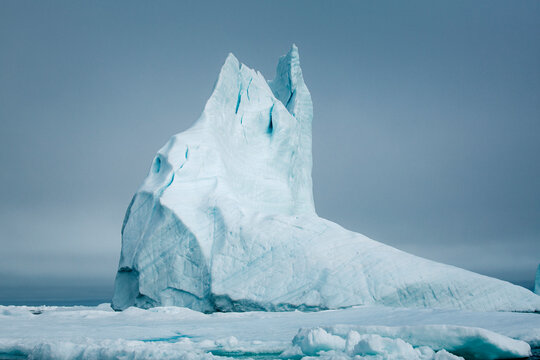 Icebergs floating in the melting sea ice in the Davis Strait.