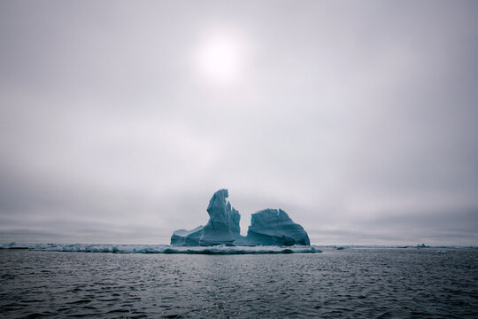 Icebergs floating in the melting sea ice in the Davis Strait.