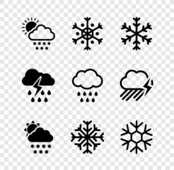 Poster Set Cloud with snow and sun, Snowflake, and icon. Vector © vector_v