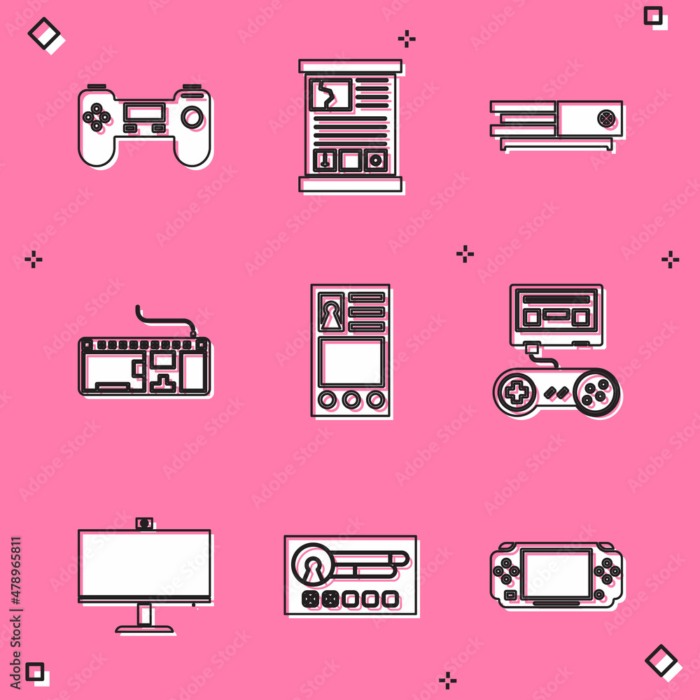 Poster set gamepad, guide, video game console, computer keyboard, create account screen, with joystick, mon