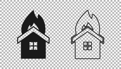 Black Fire in burning house icon isolated on transparent background. Insurance concept. Security, safety, protection, protect concept. Vector