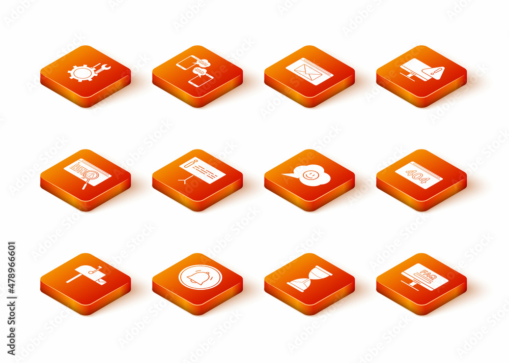 Poster set open mail box, button chat notification, system bug concept, information, hourglass, speech bubb