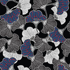 Seamless pattern gingko leaves fill in with african prints and hand dranw line dots ,Design for fashion , fabric ,wrapping ,wallpaper