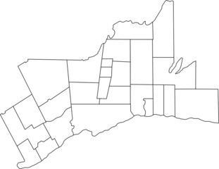 White flat blank vector administrative map of GREATER TORONTO AREA, ONTARIO, CANADA with black border lines of its municipalities