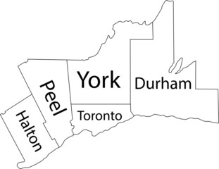 White flat vector administrative map of GREATER TORONTO AREA, ONTARIO, CANADA with black border lines and name tags of its regions