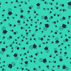 Black Shopping bag and dollar icon isolated seamless pattern on green background. Handbag sign. Woman bag icon. Female handbag sign. Vector