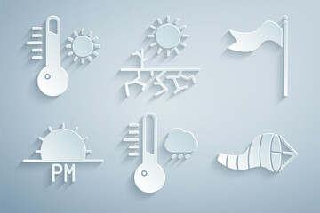 Set Meteorology thermometer, windsock wind vane, Sunset, Cone meteorology, Drought and icon. Vector