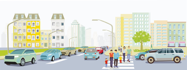 Stadtsilhouette mit Familien auf dem Zebrastreifen und Straßenverkehr, Illustration