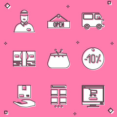 Set Seller, Hanging sign with Open, Delivery cargo truck vehicle, Stacks paper money cash, Wallet, Ten discount percent tag, hand boxes and Online shopping mobile icon. Vector