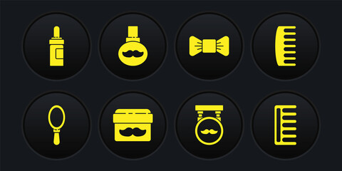 Set Hand mirror, Hairbrush, Cream lotion cosmetic jar, Barbershop, Bow tie, Beard mustaches care oil bottle, and icon. Vector
