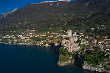 Fototapeta na wymiar Panoramic aerial view of the Scaliger Castle in Malcesine in Malcesine. Malcesine town, Lake Garda, Italy. Italian resort on Lake Garda, Monte Baldo.