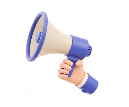 Cartoon hand holding megaphone on purple background with copy space. 3d illustration