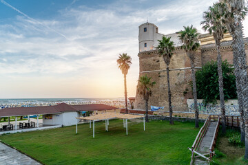 View of the Sangallo fortress in the city of Nettuno province of Rome, Italy. View of defensive fortress at Sunset