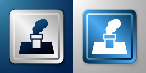 White Christmas chimney icon isolated on blue and grey background. Merry Christmas and Happy New Year. Silver and blue square button. Vector