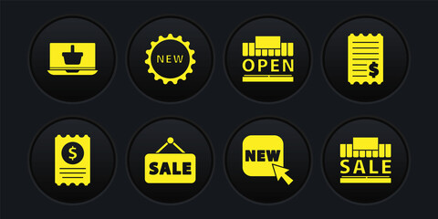 Set Paper check and financial check, Hanging sign with Sale, Button text New, Shopping building open, Price tag, sale and basket laptop icon. Vector