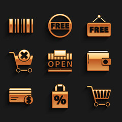 Set Shopping building and open, Shoping bag with percent discount, cart, Wallet, Credit card dollar, Remove shopping, Price tag text Free and Barcode icon. Vector