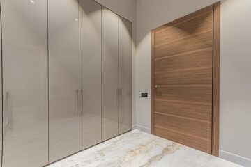 A spacious bright hallway with a brown entrance door and a gray built-in wardrobe.