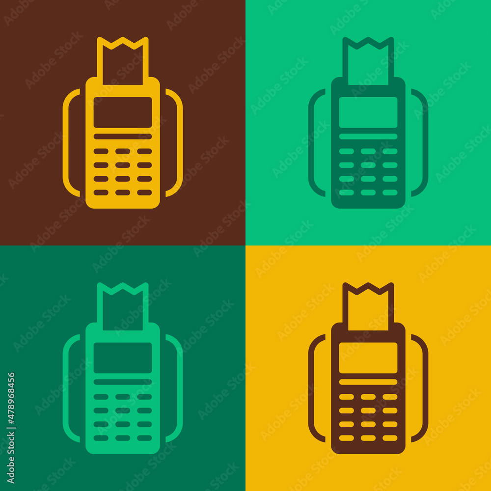 Poster pop art pos terminal with inserted credit card and printed reciept icon isolated on color background