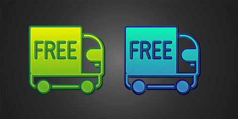 Green and blue Free delivery service icon isolated on black background. Free shipping. 24 hour and fast delivery. Vector
